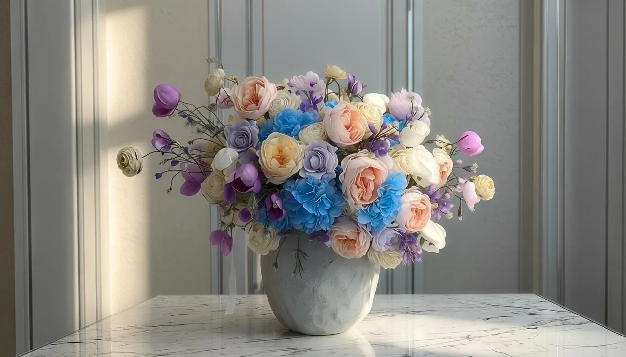 Close-up of a pastel bouquet in soft daylight